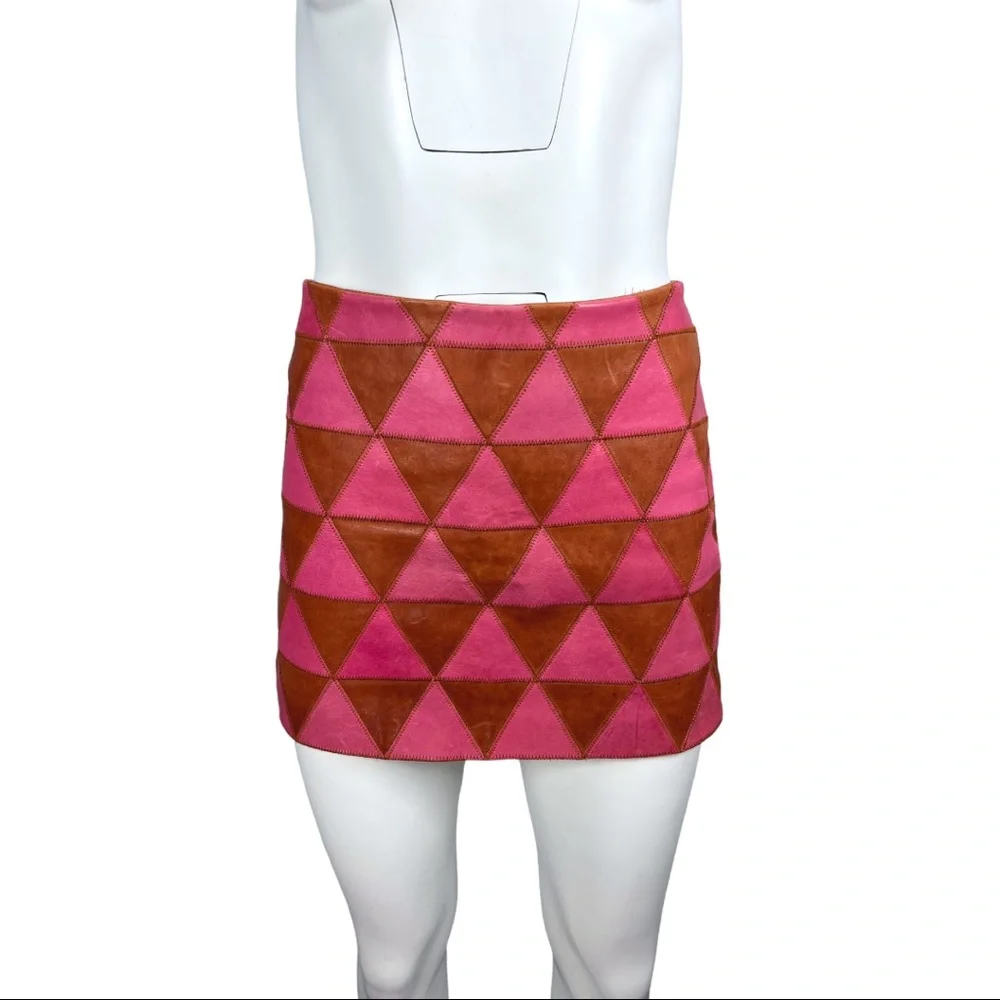 Kelly Wearstler Iraz Leather Mini Skirt- Magenta & Cognac Sz 8 - Picture 2 of 11